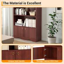 Estantería de 160 cm de alto con armario, de madera de 5 niveles con tablero ondulado, 6 cubos y armarios de 2 puertas, moderna estantería con tiradores dorados para sala de estar, dormitorio y oficina en casa, color nogal. - Color madera de nogal - Ver 9