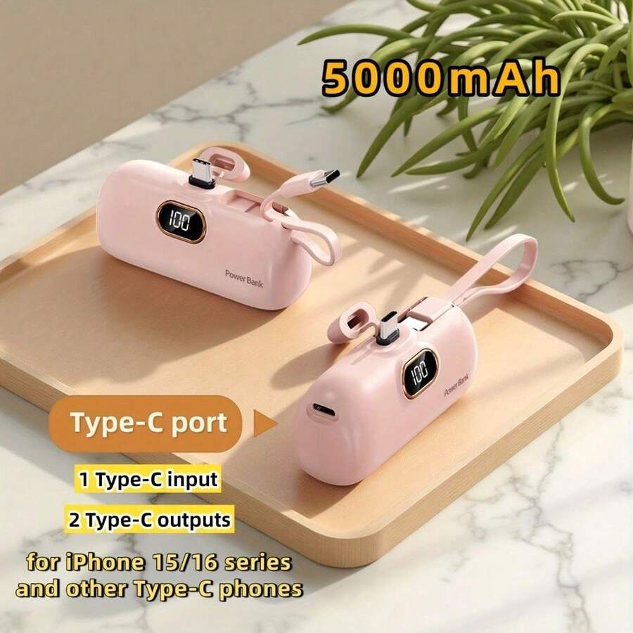 2026 5000mAh Mini Portable Charger - Ultra-Compact Battery Pack, Pocket-Sized Emergency Power Bank For IPhone17/16/15/14/13/12 Pro MaxPro/Android, USB Backup Battery & Perfect Gift - Pink - View 1