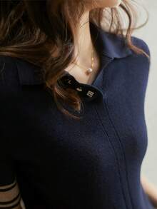 Nueva camiseta tipo polo de punto para mujer, versátil, camiseta interior de manga corta elegante para primavera, otoño y verano - Azul Marino - Ver 3