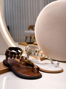 Women's Premium Caramel Flat Sandal With Gold Appliques And Buckle - Lạc đà - Xem 2