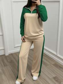 女士休闲两件套，Polo领宽松上衣搭配阔腿裤，适合春、秋、冬季穿着。 - 杏色+綠色36 - 查看 2