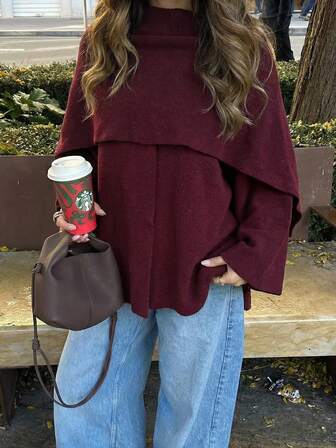 Women's Fashion Casual Poncho Style Loose Scarf Decor Knitted Sweater Cardigan