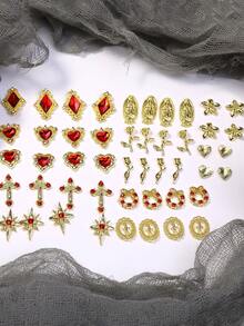 48Pcs Gold Nail Charms And Gems Kit, Nail Gems Silver Rhinestones For Nails, 3D Y2K Accessories Nail Decor, Cross Garland Mary Starburst Butterfly Rose Flower Heart Charms For Nails Design For Nails Art - Vàng - Xem 6