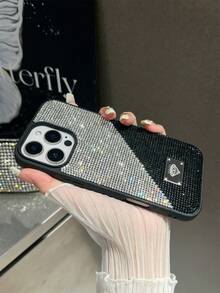 1pc Rhinestone Encrusted Shiny Black Soft Touch Comfortable Full Coverage Phone Case Compatible With IPhone 16 - Multicolor - View 4