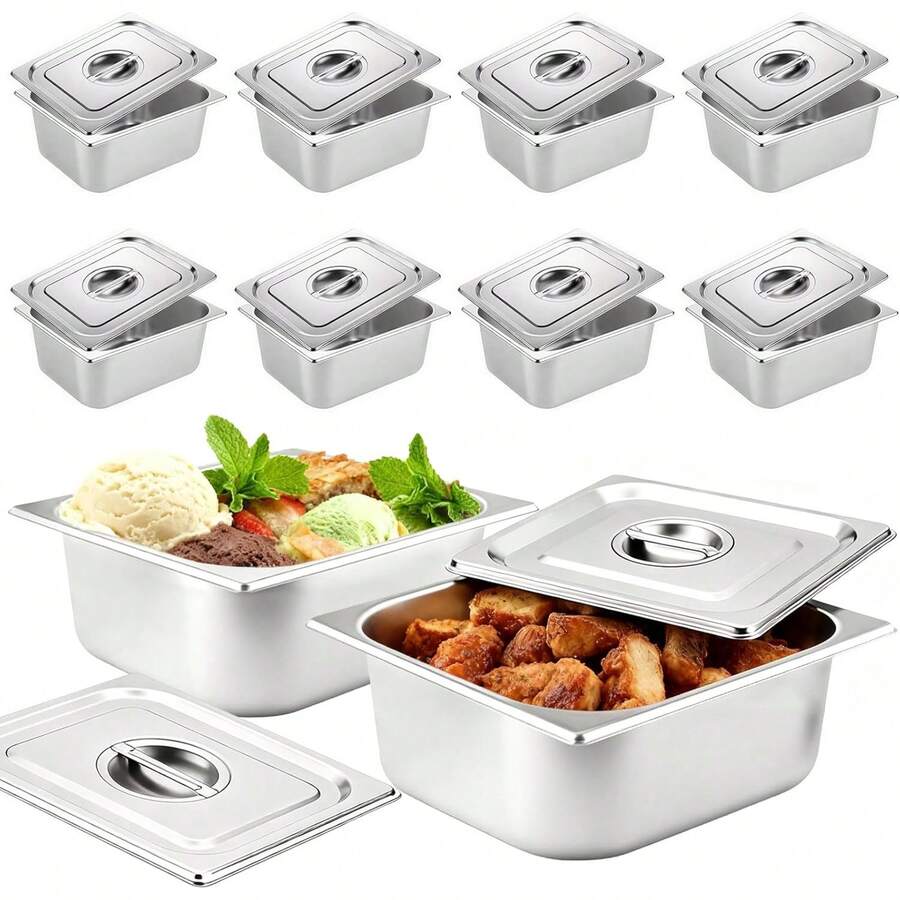 Juego De 10 Insertos Para Bufé De Acero Inoxidable Con Tapa, Bandejas Gruesas De Acero Inoxidable Para Restaurantes Comerciales, Recipientes De Comida A Vapor Para Cocinar Platos Buffet, 1/2 Pulgada, 10cm - Plateado - Ver 1