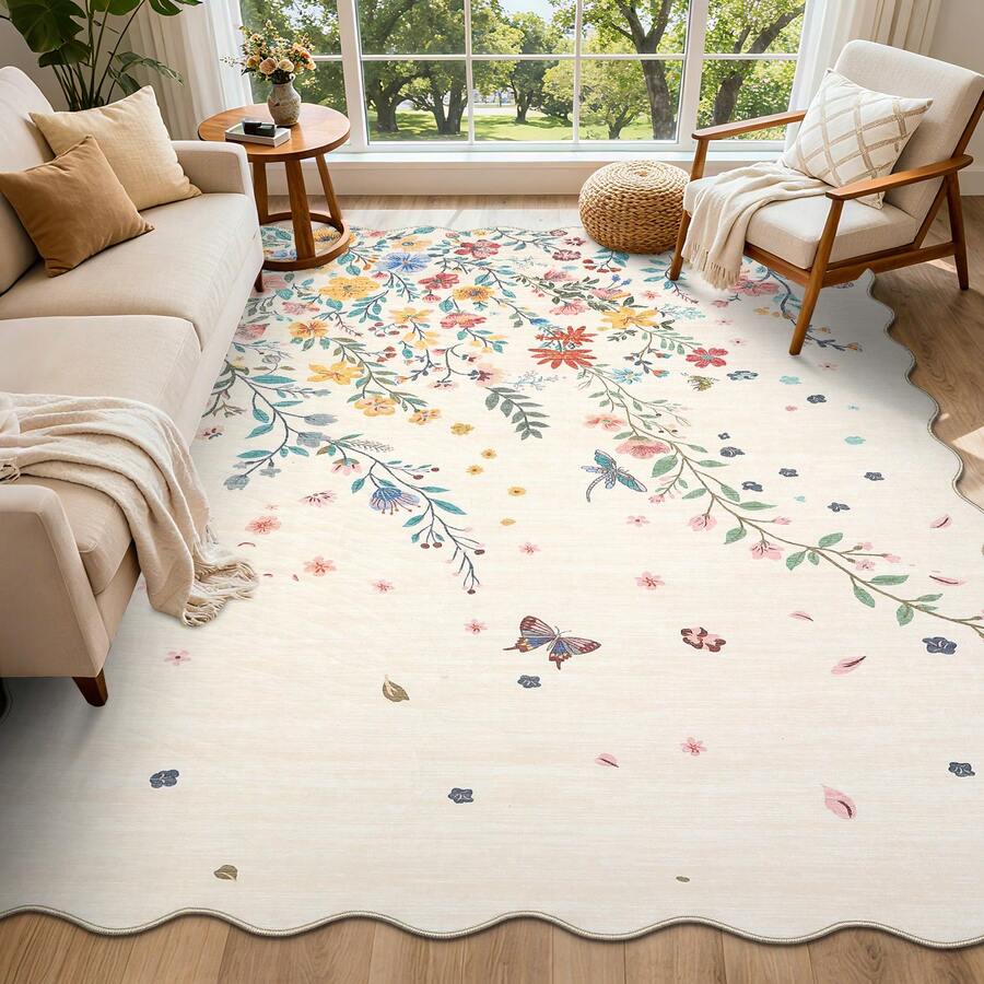 ANPHON Modern Floral Fan-Shaped Edge Rug Machine Washable Soft Non-Slip Low-Pile Non-Shedding For Bedrooms Dining Rooms Offices Game Rooms Laundry Rooms Entryways Farmhouses And Party Decorations - 米色 - 查看 1