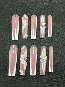10 Piece 5.5cm Handmade Coffin Shaped Armor, Decorated With Petals And Rhinestones, Suitable For Women And Girls, Gatherings, Festivals, And Daily Wear As A Nail Sticker Set. Nail Accessories, Acrylic Nail Kit, Including Kit, Hand Pressed Nail Art, Fake Nail Stickers, And Nail Supplies. - 彩色 - 查看 2
