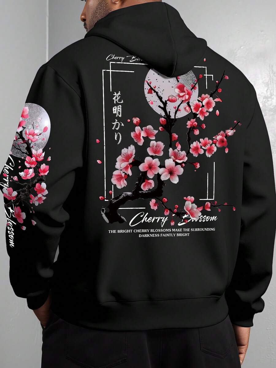 Plus Size Men Black Casual Pullover Hoodie With Prints, For Fall, Long Sleeve Top