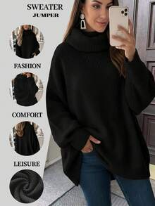 New Women's Casual Fashionable Minimalist Solid Color Knitted Turtleneck Sweater, Autumn/Winter Black - Black - View 6