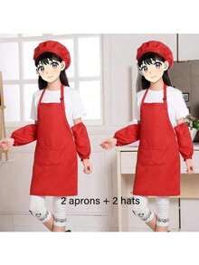 2 Packs Green&Red Kids Apron And Chef Hat Set-Children Kids Apron For Girls Boys Cooking Painting Baking ,Christmas DIY Party,Wear 6-13 Ages - Multicolor - View 6