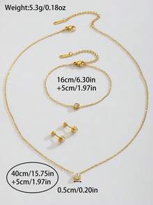 3pcs Elegant Versatile Gold Stainless Steel Chain Sparkling Round Rhinestone Pendant Necklace, Bracelet And Earrings Set, Suitable For Girls Daily Wear, Can Be Children's Birthday Gift - Gold - View 6