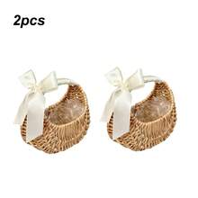2-Pack Bohemian Style Crescent Woven Rattan Handmade Rattan Basket With 6.69*6.50*4.33in Wedding Flower Girl Blue Ribbon Handle & Lining, Handheld Picnic Storage Basket, Bathroom Storage Decoration, Rustic Home Storage - 原色 - 查看 11