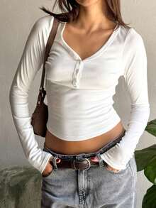 Long Sleeve Henley Shirts For Womens Y2K V Neck Button Down Crop Tops Slim Fit Casual Tunics Blouse Spring Fall Downtown Girl Coquette Clothing - trắng - Xem 2