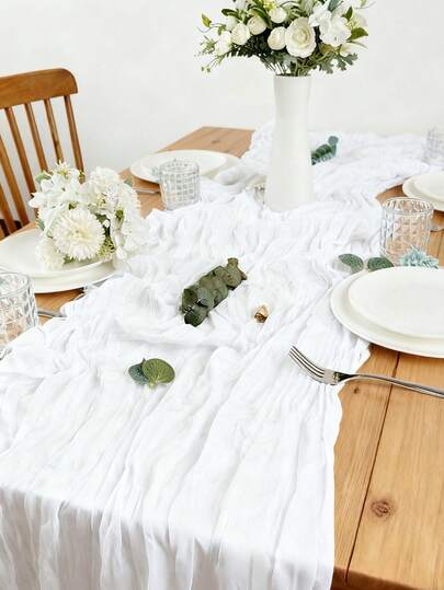 1pc White Pleated Table Flag, Party Tablecloth Solid Color Tablecloth, Rural Wedding Decoration Wedding Table Flag, Wedding Table Center Decoration, Wedding Arch Veil, Wedding Party Supplies Wedding Tablecloth, Wedding Decoration, Birthday Tablecloth, Birthday Table Flag, Birthday Party Supplies, Birthday Decoration, Babe Shower Decor