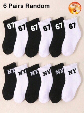 6 par slumpmässiga färgade bokstäver NY-strumpor för barn, slumpmässig stil New York Six Seven 6 7 meme roliga vinterstrumpor, 67 strumpor för barn och tonåringar, svarta vita rundstrumpor, tillbaka till skolan elever sport atletiska mitten av vaden strumpor födelsedagspresent