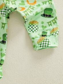 Conjunto de primavera para bebé niño con estampado de trébol y gorro de copa, mono de manga larga, pantalones y gorro de 3 piezas, ropa bonita para festivales de ocio, ideal para 0 a 18 meses - Verde - Ver 8