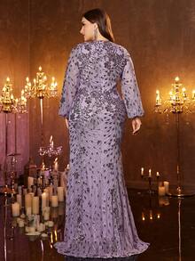 XUIBOL Plus Size Women Elegant Long Sleeve Sweetheart Neck Mermaid Sequin Formal Evening Gown With Zipper Detail - Dusty Purple - View 3
