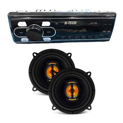 H-TECH Kit Som: Rádio de Carro 1Din Bluetooth com Controle + Par de Alto Falantes 5"