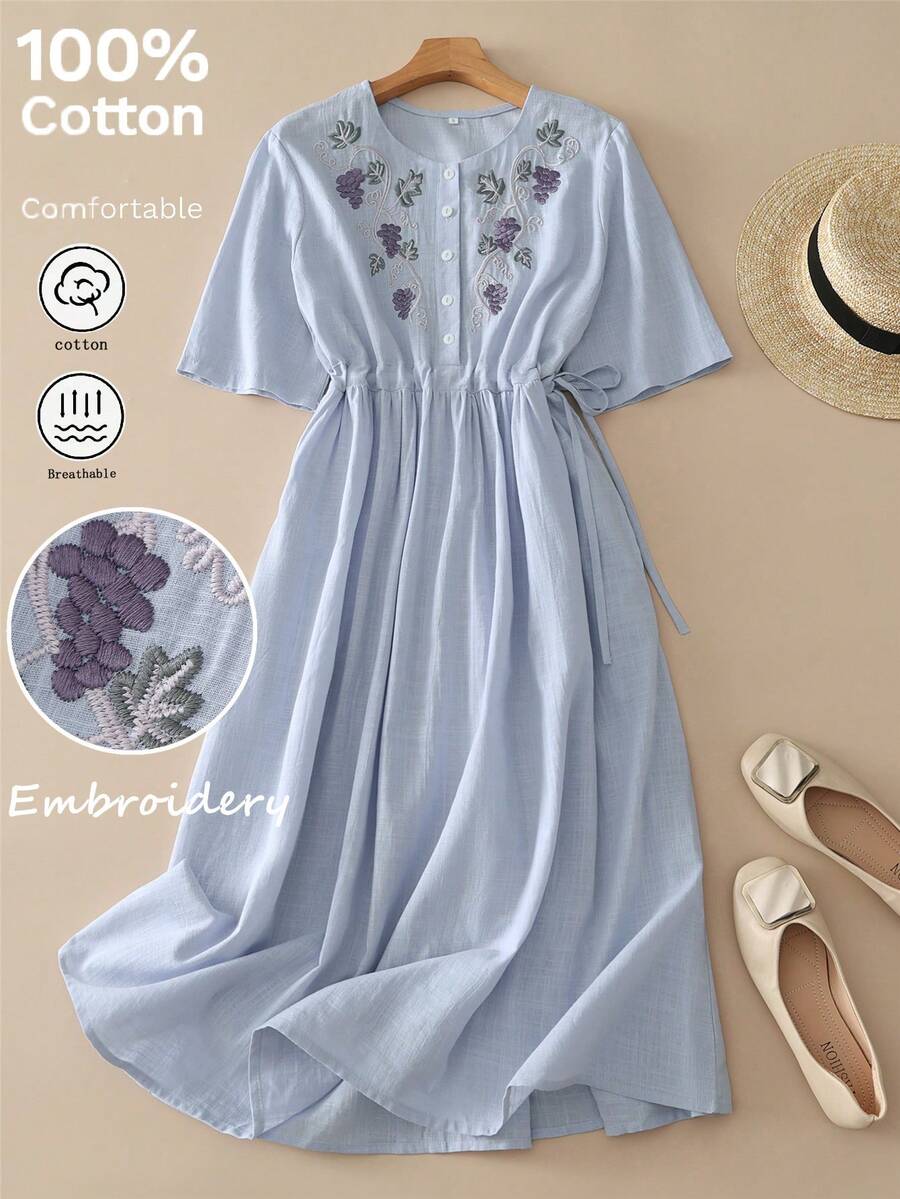 Damen Vintage besticktes Kleid mit weitem Taillenzug, Frühling/Sommer elegant - Babyblau - Übersicht 1