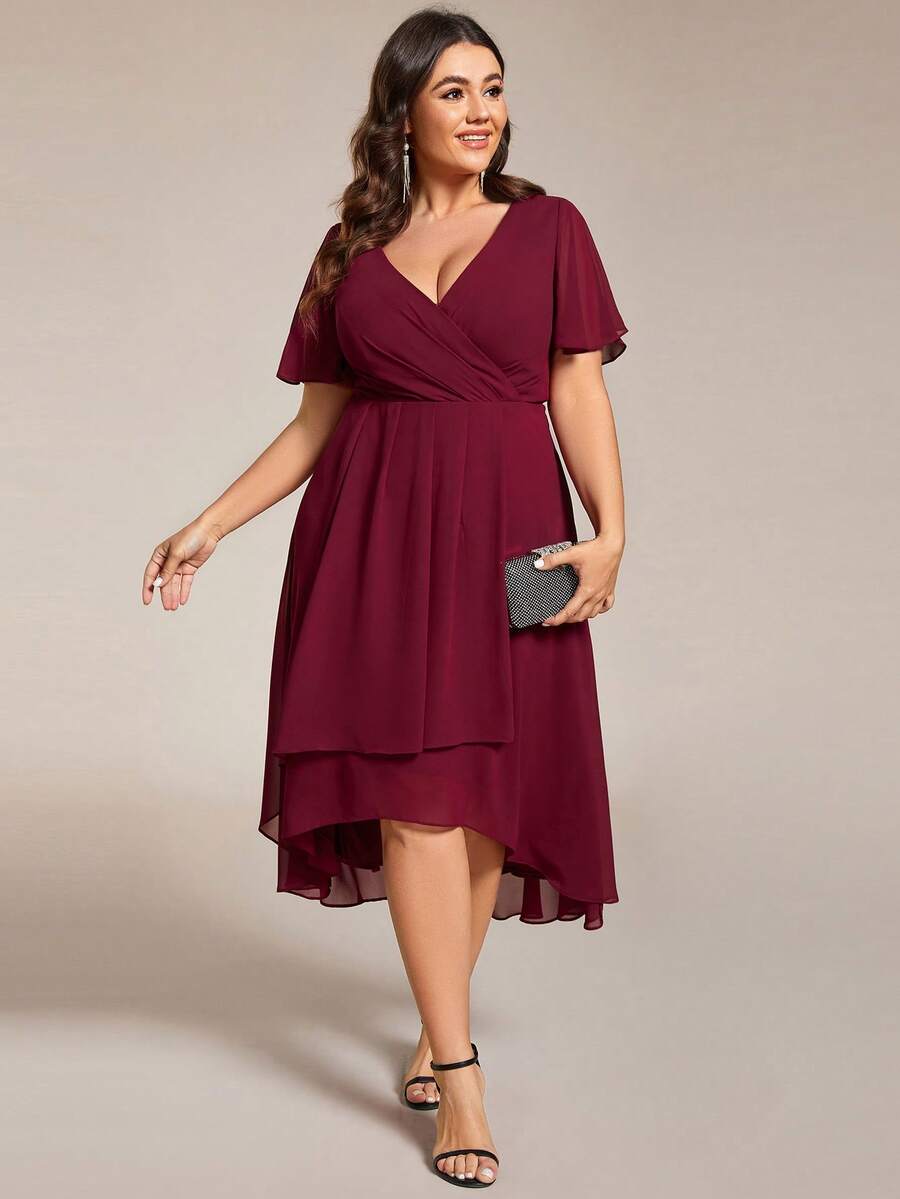 EVERPRETTY Plus Size Chiffon Ruffle Contrast Color High-Low Hem Bridesmaid Dress