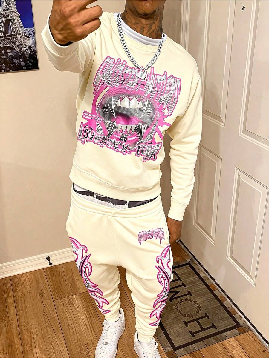 2-Piece 250g Essentials Crewneck Sweatshirt,Graphic Crewneck Sweatshirt,Streetwear,Y2k,Clothes For Men,Crewneck Sweatshirt For Men,Long Sleeve Tops,Fall Clothes For Men,Funny Crewneck Sweatshirt,Men'S Casual Graphic Sweatshirt & Jogger Set - Pink & Black Print Design, Loose Fit, Long Sleeve Pullover With Drawstring Waist, Perfect For Fall/Winter, Comfortable Clothing|Casual Style|Stretchy Fabric - 杏色 - 查看 1