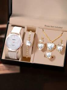 母亲节女士手表套装，一套包含时尚精致圆形石英表、心形吊坠项链、耳环、戒指和手链。这款首饰套装适合日常佩戴、生日礼物、开学季、感恩节和浪漫场合，是最佳选择（不含礼盒）。 - 白色 - 查看 9