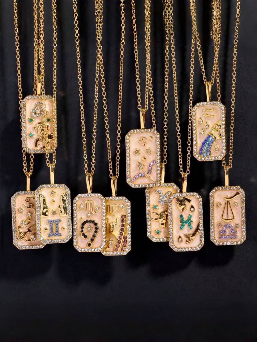 Collar con colgante de carta de tarot vintage y 12 signos del zodíaco, collar con dije cuadrado de oro con incrustaciones de strass y nácar, mejor regalo de joyería para mamá/hija/pareja - Collar cuadrado del zodiaco - Ver 1