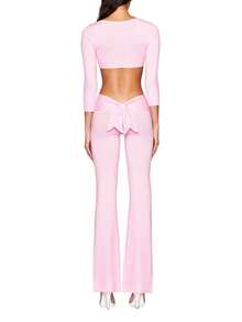 Women's Knit Flared Pants With Back Bow Detail High-Waisted Slim-Fit Y2k Bottoms - Hồng - Xem 3