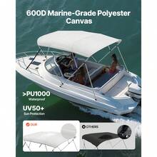 Bimini Top Bootsabdeckung Sonnenverdeck (4 Bögen) aus 600D Polyester mit Rahmen aus Aluminiumlegierung, wasserdichte Sonnenschutz-Bootsmarkise mit Aufbewahrungstasche, 216-229 cm Hellgrau - 4 Bogen 85-90*54 Zoll Hellgrau - Übersicht 2