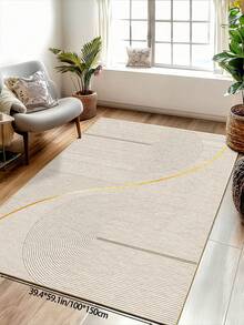 1pc Beige Minimalist Line Print Area Rug, Plush Fabric, Soft & Comfortable Touch, Easy Maintenance, Waterproof & Anti-Stain, Non-Slip Backing, Suitable For Lobby, Bedroom, Living Room, Bathroom, Kitchen, Dining Room, Office, Room Decor And Doormat, Holiday Celebration - 米色 - 查看 7