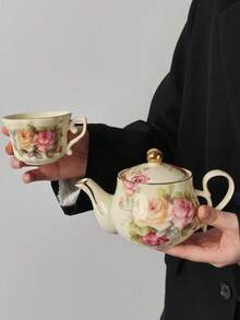 Cabin Kangaroo Zestaw do herbaty z motywem róży w stylu vintage, 1 szt., elegancka ceramika ze złotymi zdobieniami, kwiatowy wzór róży w stylu vintage, uroczy i artystyczny, praktyczny zestaw do herbaty na popołudniową herbatę, wystrój domu, romantyczna i pełna wdzięku atmosfera, niepowtarzalny styl artystyczny - Wielokolorowe - Zobacz 5