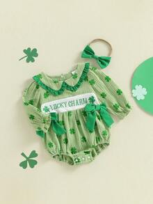 Baby Girl Irish Bubble Romper Fashionable Cute Shamrock Embroidery Long Sleeve Jumpsuit With Headband - 綠色 - 查看 2