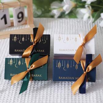 10 piezas Caja de regalo de papel Ramadán Mubarak con cinta dorada, lazo, linterna y patrón de media luna para empaquetar regalos de fiesta de Eid Al-Fitr