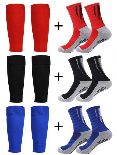 1 Set Football Sports Outfit (1 Pair Mid-Calf Anti-Slip Soccer Leg Warmers, 1 Pair Sports Shin Guard Sleeves), Suitable For Youth Training, Outdoor, Durable, Fit For 12-18 Years Old Boys And Girls
