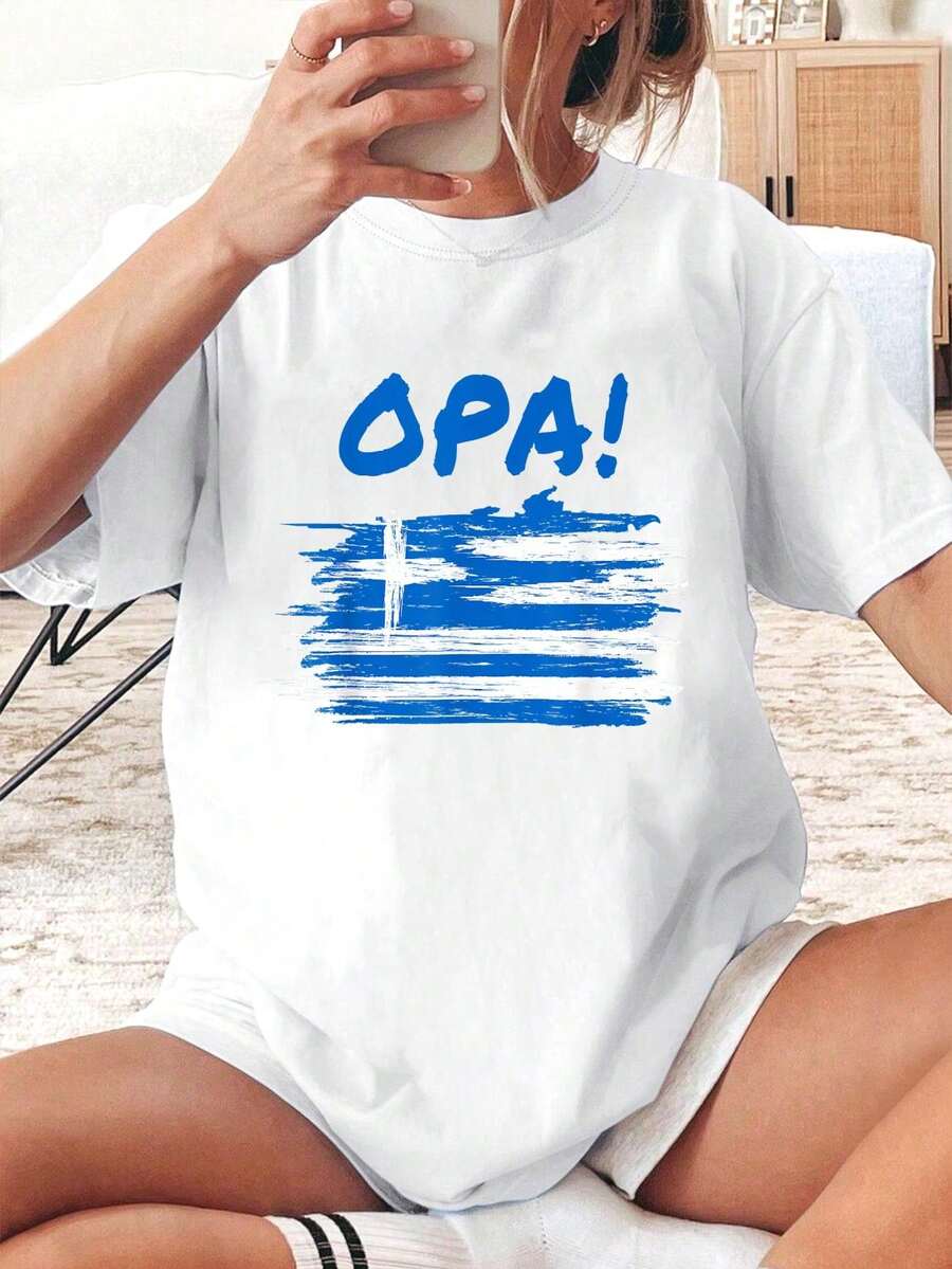 100% Cotton Unisex 1pcs - OPA! Funny Traditional Greek Party Quote & Flag Of Greece T-Shirt - Graphic Tees Festival Outfits For Women, Tops For Summer, Top De Mujer Women Summer Clothes 230g - 白色 - 查看 1