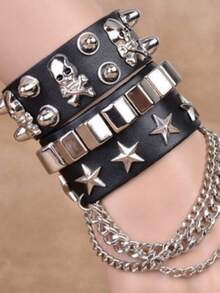 Bộ 3 vòng tay Punk Rock đính đinh tán hình đầu lâu và ngôi sao, vòng tay khóa đinh tán, vòng tay da PU kiểu biker cho nam nữ thập niên 80 90, vòng tay dây xích màu đen phong cách Gothic Steampunk có thể điều chỉnh, unisex, cá tính, retro, phụ kiện cho tiệc Halloween. - màu đen - Xem 2