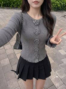 Rikumo 女士性感优雅波浪下摆拼接开衫，休闲灰色针织毛衣外套，立领设计，修身腰部剪裁，适合秋冬季节穿着 - 花灰色 - 查看 1