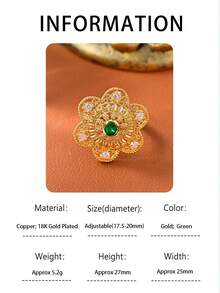 1pc Luxurious And Elegant Flower Openwork Design Ring For Women, Vintage And Noble Ring With Cubic Zirconia.Featuring An 18k Gold-Plated Adjustable Band. Perfect For Wedding, Parties, Banquets, Holiday Celebrations, Gift Giving And Other Special Occasions. - Luxurious - View 12