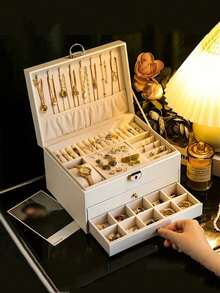 1pc Large Capacity Jewelry Box With Lock, Multi-Layer Drawer-Type Jewelry Box, Dustproof Pu Jewelry Storage Box, Dressing Table Jewelry Display Box, Luxury Jewelry Storage Box, Multi-Functional Storage Box, Jewelry Storage And Display, Home Essentials, Rings, Necklaces, Bracelets Storage Container, Accessories Storage Accessories, Gifts For Women, Luxury Gifts, Holiday Gifts, Christmas Gifts. - Multicolor - View 13