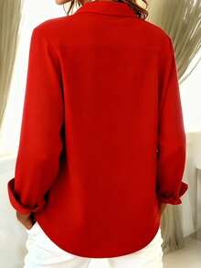 Plus Size Women Casual Elegant Basic Button-Up Long Sleeve Shirt Blouse - Red - View 2