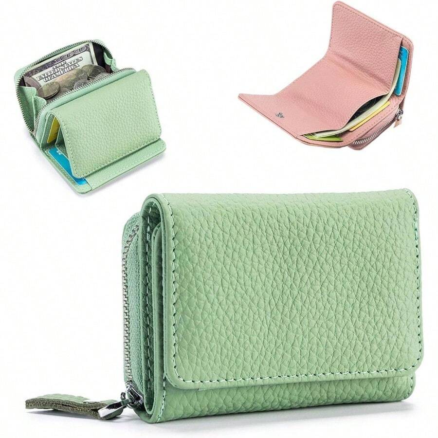 Unisex Pebble Leather Wallet, Soft Compact RFID Blocking Card Holder with Zipper Coin Pocket, 6 Card Slots, Snap Closure, Small Purse Men and Women D - Green - D-Verde claro - Ver 1