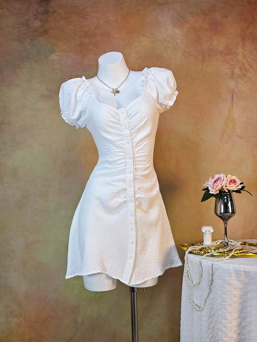 Happy Girl Casual Elegant Chiffon Dress, Versatile For Spring/Summer Occasions: Casual, Formal, Date Night, Holiday, School, Vacation, Daily Wear, Garden, Travel, Airport. Features: Square Neck, Puff Sleeves, Waist Cinching, Slimming A-Line Silhouette. - White - View 1