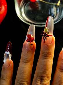 10 Pcs Handmade Press-On Nails Set – Coffin Shape | Red & Champagne Gold With 3D Apple, Bow, Wreath & Star Charms | Luxury Glossy Reusable Nail Art For Women | Elegant Valentine's Day & New Year Gift Manicure Set | Premium Nail Tips For Long-Lasting Glamour & Sophisticated Look - "Điều ước đỏ thẫm" - Xem 5