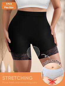 MIOTAN 3pcs Women Plus Size Mid-High Waist Panties Safety Shorts Comfortable Lace Patchwork Soft Minimalist - Multicolor - View 3