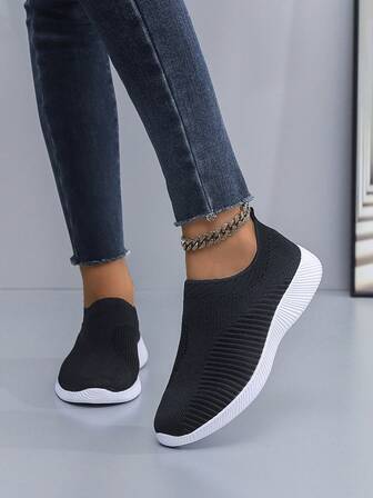 Zapatillas de punto para mujer, zapatos deportivos ligeros para todas las estaciones con suela de EVA y soporte atlético, diseño minimalista con cordones, blanco, diseño perforado transpirable, para correr y hacer ejercicio