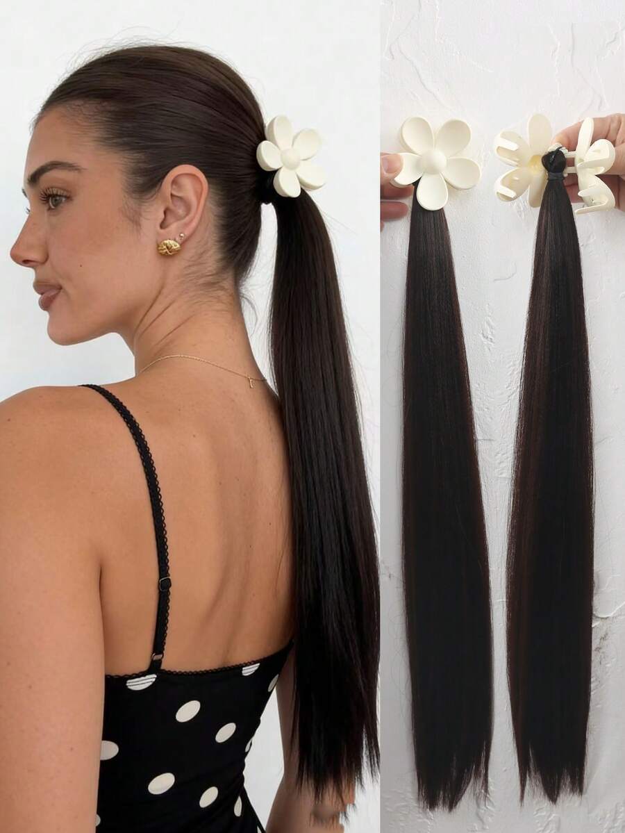 [Clip de pelo con flor blanca + Extensión de cola de caballo] 1 pieza de 18 pulgadas de largo medio recto Clip de garra de cola de caballo, peluca sintética natural, fácil de usar, adecuado para la escuela, la universidad, accesorios para el cabello de mujeres en otoño e invierno, adecuado para atuendos de vacaciones (múltiples colores de cabello disponibles, clip de pelo de flor blanca mate dulce y lindo, adecuado para mujeres, adecuado para cabello grueso, colores brillantes, clip de pelo de flor de garra de clip de pelo de agarre de pelo)