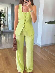 Bộ đồ đi biển 2 mảnh màu trơn, kiểu dáng thanh lịch, cài cúc phía trước, khóa kéo và có túi dành cho nữ, thích hợp cho mùa xuân/hè. - Màu xanh chanh - Xem 3
