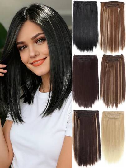 假发片，14英寸短款夹式假发片，4片装，直发，自然柔软，女士适用，黑棕色