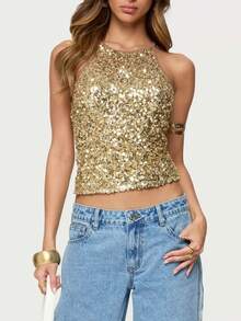 Women's Gold Sequined Sleeveless Fitted Top, Perfect For Parties, Dates, And Street Style. - Yellow - View 4