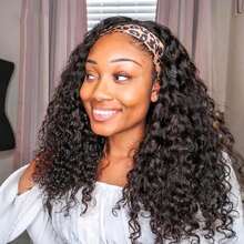 Jerry Curly Headband Human Hair Wigs 250% Density Water Wave Curly None Lace Front For Women Glueless Deep Wave Machine Made Wigs 22Inch - Natural Black - View 7